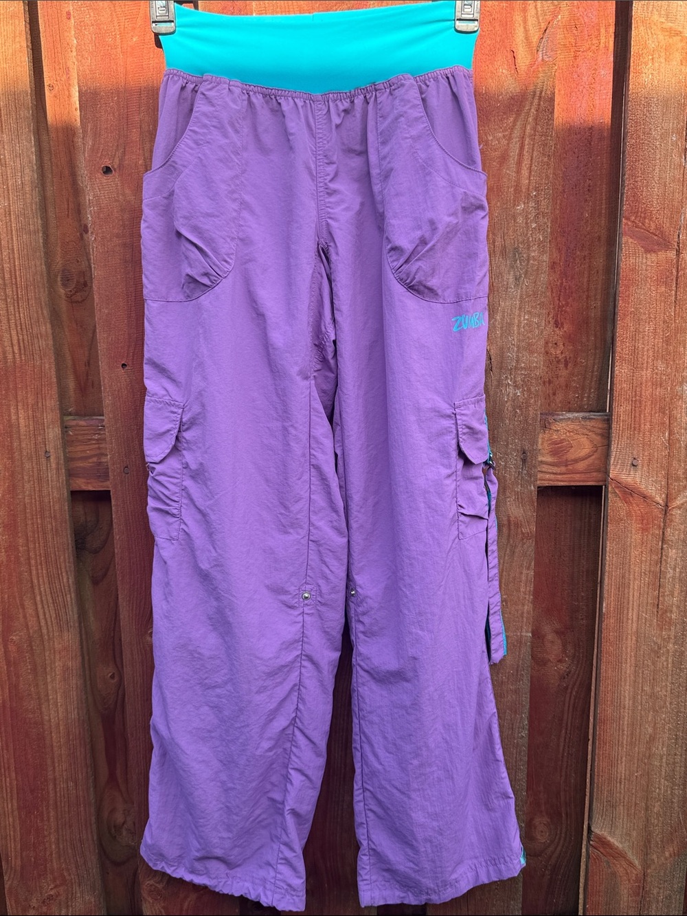 Zumba Wear Cargo Pants Purple Teal Y2K Strappy D Ring Dance Pant Size Large